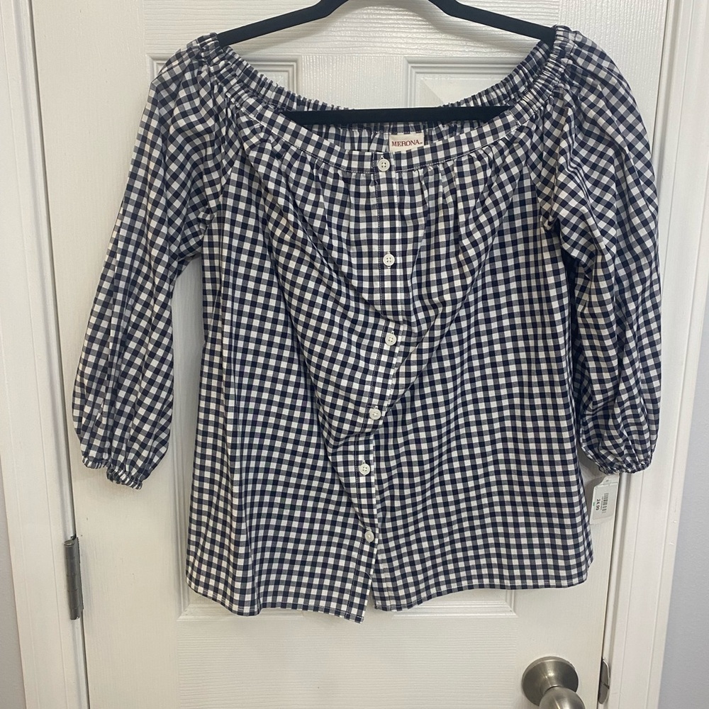 Merona Navy and White 3/4 Sleeve Smocked Blouse